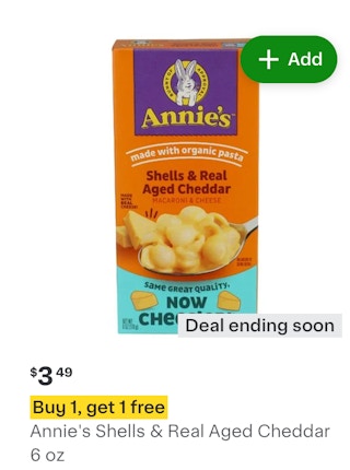 a deal on instacart for Annie's shells and cheese
