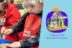 Kids wearing safety goggles and Lowe's aprons building a Dino Island Volcano craft at the August 2026 Lowe's Kids Workshop