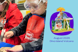 Kids wearing safety goggles and Lowe's aprons building a Dino Island Volcano craft at the August 2026 Lowe's Kids Workshop