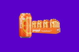 poppi orange soda on a blue background