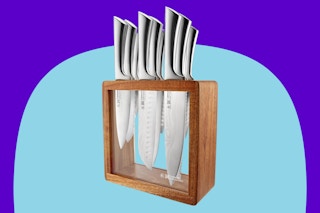 Cuisine::pro Damashiro Knife Block on a blue background.
