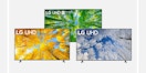 Three 86" LG TVs on a neutral background