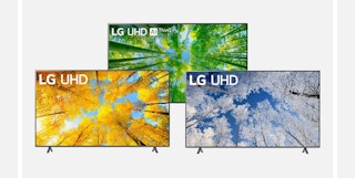 Three 86" LG TVs on a neutral background