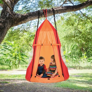 Kids' 40-Inch Hanging Chair Tent Swing hanging in a tree with kids inside