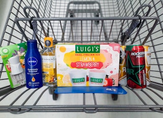Nivea, Rockstar, Dickinson's, Luigi's, and Air Wick products in Walmart shopping cart