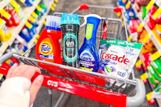 tide, downy, dawn, and cascade products in a cart