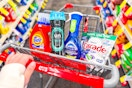 tide, downy, dawn, and cascade products in a cart