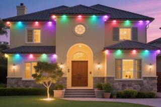 Permanent Outdoor Lights for House, 100ft Smart RGB LED Eave Lights on a house.