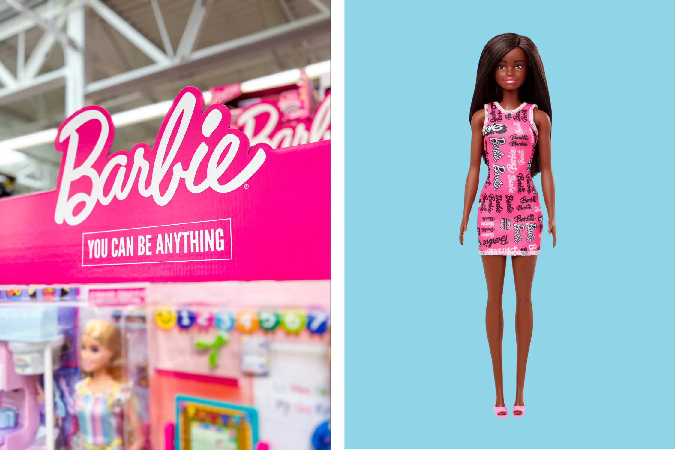 Barbie toys displayed at Walmart with price tag $8.75