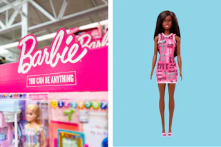 Barbie signage with a Barbie doll