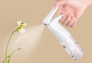 hand spraying flower with bottle