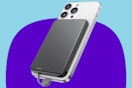 Magsafe phone charger power bank on a purple and blue background.