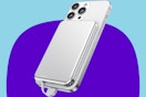 Magsafe phone charger power bank on a purple and blue background.