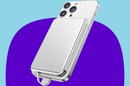 Magsafe phone charger power bank on a purple and blue background.