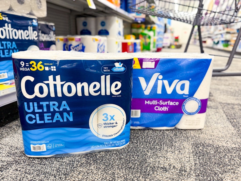 viva paper towels and cottonelle toilet paper in an aisle