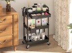 a rolling cart with beauty products in a room