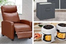 brown recliner, gray storage totes, and white air fryer