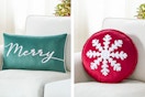 Two Holiday Time decorative pillow options (lifestyle images): Green/White "Merry" & Red/White Snowflake
