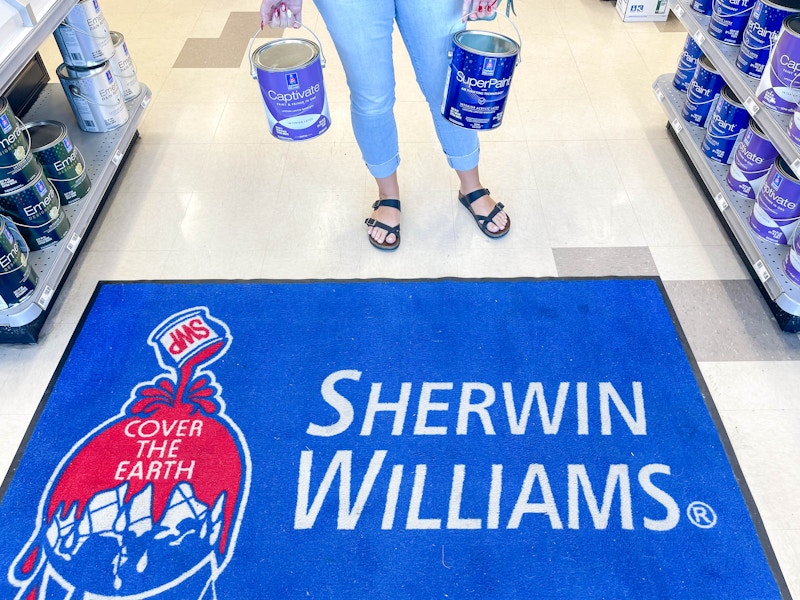 woman holding gallons of paint over a sherwin williams area rug