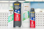 dove body washes and deodorant on a store shelf