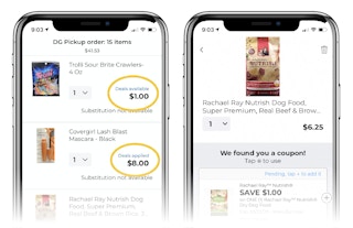 phone screen shows one dollar coupons available and applied to order