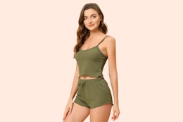 Model wearing a green Unique Bargains Women's Pajama Set (cami top + shorts)