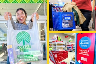 a woman with a shopping bag outside of Dollar Tree, a woman putting clothing into a Ross cart, and a Target cart next to Target Circle sign