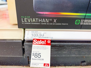 sale sign under razer laviathan speaker on target shelf