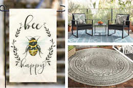 Bee Happy yard flag, 3-piece patio set, round patio rug