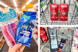 collage image of gillette razors, axe body wash, and old spice deodorant