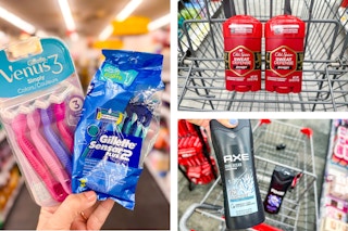 collage image of gillette razors, axe body wash, and old spice deodorant