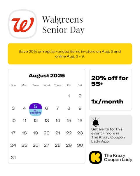 Calendar graphic of Walgreens Senior Day predicted in store on August 5 2025