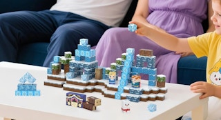 a kid building a castle with magnetic blocks on a table 