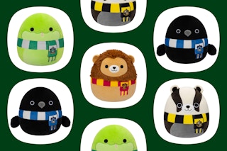 collage of harry potter squishmallows from each of the four hogwarts houses