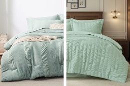 2 lifestyle images of 7-piece bed in a bag sets in the teal family color family