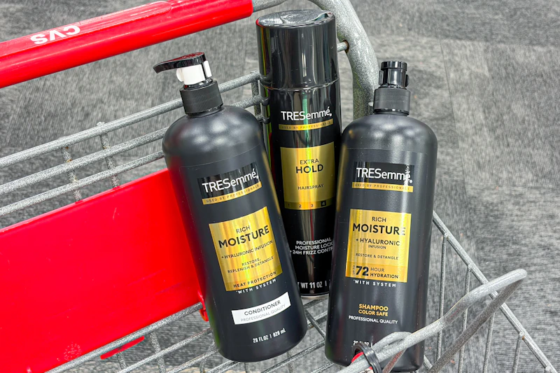 tresemme shampoo, conditioner, and hair spray in a cart