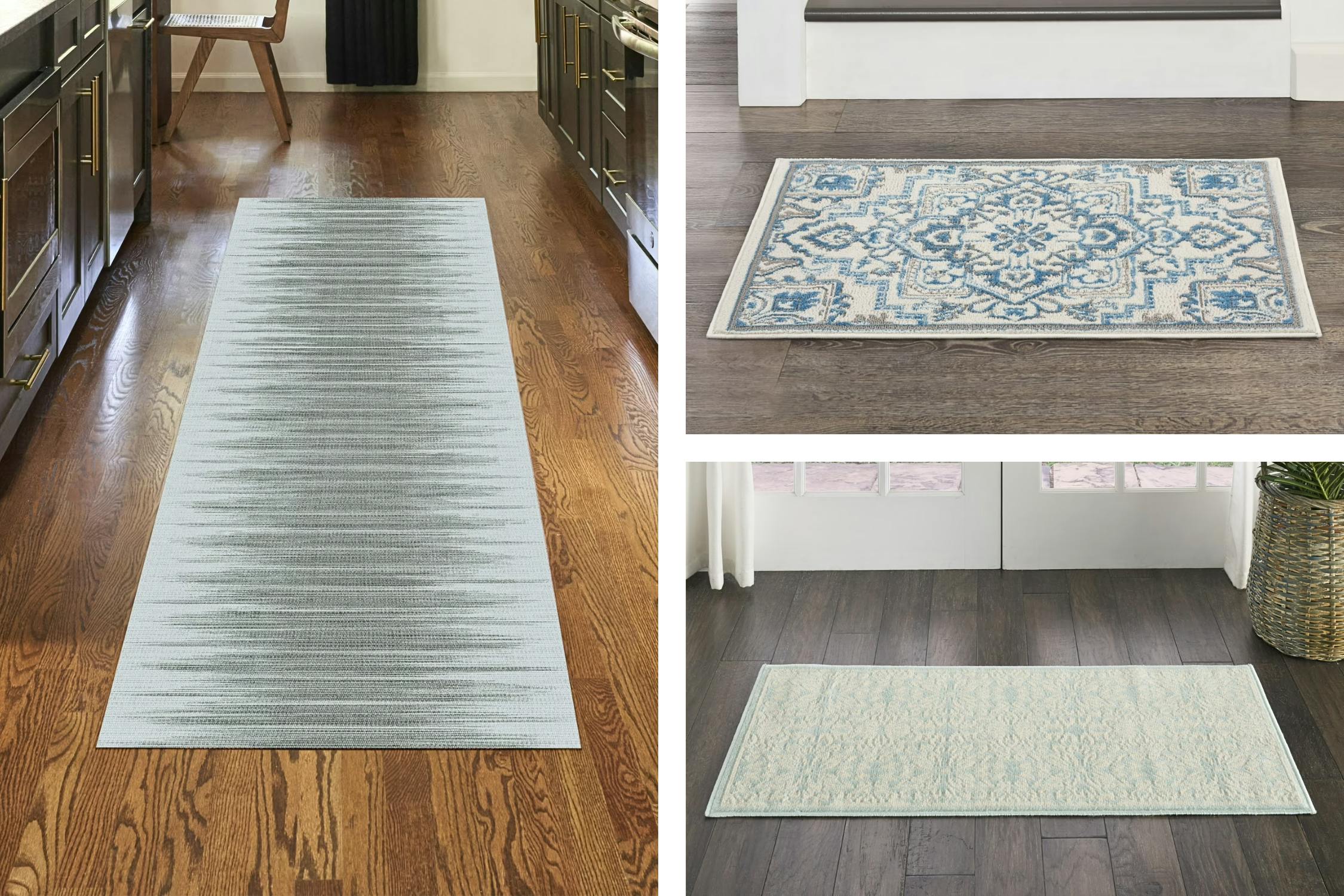 3 lifestyle images of Nourison area rugs in different patterns