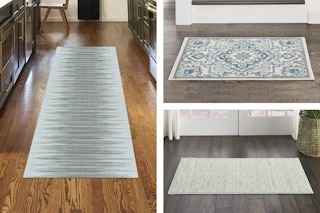 3 lifestyle images of Nourison area rugs in different patterns