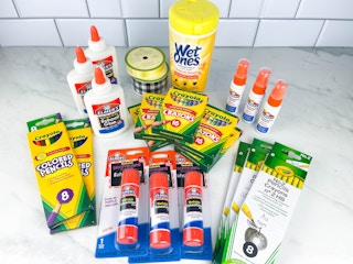 items on a counter to make a diy supply cake teacher gift 