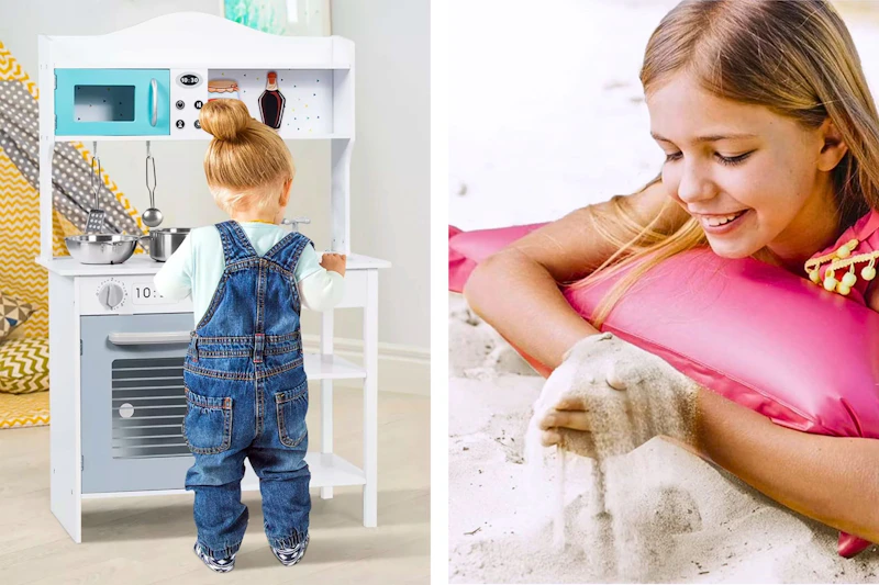 2 lifestyle images: play kitchen and play sand