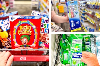 collage image of cereal, razors, and toothbrushes