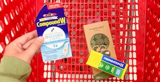 Preparation H, poop bags, and Compound W in a cart