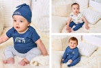 3 lifestyle images of babies wearing different outfits from the Garanimals Baby Shower Gift Set