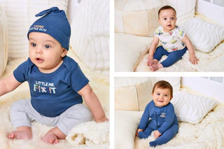 3 lifestyle images of babies wearing different outfits from the Garanimals Baby Shower Gift Set