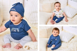 3 lifestyle images of babies wearing different outfits from the Garanimals Baby Shower Gift Set