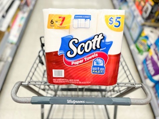 shopping cart with a pack of Scott paper towel inside