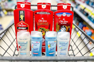 3 old spice body washes and 4 secret deodorants in a cart