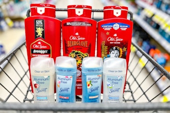 3 old spice body washes and 4 secret deodorants in a cart