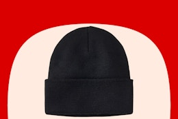 target goodfellow and co men's beanie on red and cream background