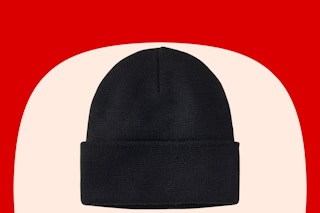 target goodfellow and co men's beanie on red and cream background